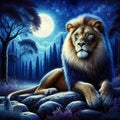 A young male lion sitting on the rocks, under a moonlig, watching arounds, jungle, trees, plants, night, bold painting art