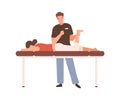 Young male massagist or osteopath doing manual massage. Professional physiotherapist or chiropractor working. Flat