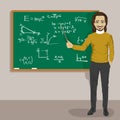 Young male math teacher standing with a pointer next to a blackboard