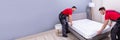 Young Male Movers Placing The Mattress Over The Bed Royalty Free Stock Photo