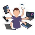 Young male multitasking with six hands at work place. Flat design vector concept illustration. Royalty Free Stock Photo