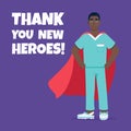 Young male nurse hospital medical employee with hero cape behind fights against diseases and viruses