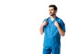 Young male nurse wearing blue uniform with stethoscope Royalty Free Stock Photo