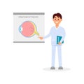 Young male ophthalmologist standing and pointing at poster with structure of the eyes. Cartoon medical worker in white