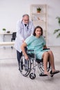 Young male patient in wheel-chair and experienced doctor traumatologist