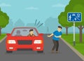 Young male pedestrian about to be hit by an angry car driver in residential area. Royalty Free Stock Photo