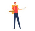 Young male pizza delivery guy holding pizza box and receipt. Food delivery man in red uniform presenting order and bill