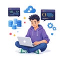 Young male programmer sitting cross-legged working on a laptop. Software development concept with cloud computing, database, Royalty Free Stock Photo