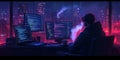 Night Coder Immersed in Code with Cyberpunk City View Royalty Free Stock Photo