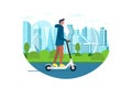 Young male riding electric kick scooter. Activity lifestyle moving concept on future city street. Vector illustration