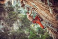 Young male rock climber on overhanging wall. Rock climbing on natural cliff Royalty Free Stock Photo