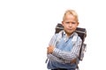 Young male schoolchild with satchel is angry Royalty Free Stock Photo