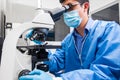 Male scientist looking at slides under the microscope Royalty Free Stock Photo