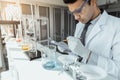 Young male scientists conducting research in modern biological laboratory Royalty Free Stock Photo