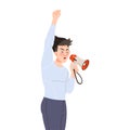 Young Male Shouting in Megaphone Supporting Street Protest Against Human Rights Violation Vector Illustration