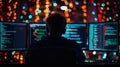young male software developer working on multiple computer screens immersed in coding colorful bokeh lights create vibrant