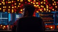 young male software developer working on multiple computer screens, surrounded by colorful bokeh lights, focused on coding and