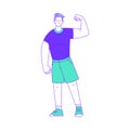 Young Male Standing and Showing Biceps Muscle After Body Training and Sport Workout Vector Illustration