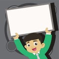 Young Male Student Raising Empty Framed Board. Smiling Boy in Tie Holding Upward Blank Whiteboard Above his Head Royalty Free Stock Photo