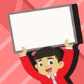 Young Male Student Raising Empty Framed Board. Smiling Boy in Tie Holding Upward Blank Whiteboard Above his Head Royalty Free Stock Photo