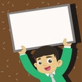 Young Male Student Raising Empty Framed Board. Smiling Boy in Tie Holding Upward Blank Whiteboard Above his Head Royalty Free Stock Photo