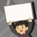 Young Male Student Raising Empty Framed Board. Smiling Boy in Tie Holding Upward Blank Whiteboard Above his Head Royalty Free Stock Photo