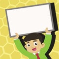 Young Male Student Raising Empty Framed Board. Smiling Boy in Tie Holding Upward Blank Whiteboard Above his Head Royalty Free Stock Photo