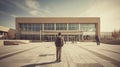 Young male student standing in front of a high school building, Other students are in the background. Royalty Free Stock Photo