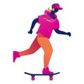 Young male student or teen riding on skateboard in bright vivid color gradients. Concept illustration, isolated on white