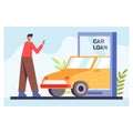 Young male take picture of car. Online loan via smartphone. Car loan service via modern gadget