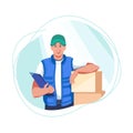 Young male vector character delivering parcels to door. Bringing cargo into house