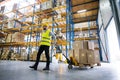 Male warehouse worker pulling a pallet truck. Royalty Free Stock Photo