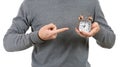 Young man with alarm clock on white background Royalty Free Stock Photo