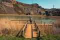 A young man alone on a lake, portrait, la arboleda, basque country Royalty Free Stock Photo