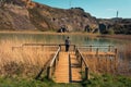 A young man alone on a lake, portrait, la arboleda, basque country Royalty Free Stock Photo