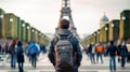 A young man alone sightseeing contemplating the Eiffel Tower in Paris. Generative Ai