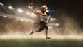 Young man american football player at stadium in motion. Action, activity, sportlife concept. Flyer for ad, design.