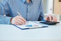 Young man analysis business accounting. Selective focus. Royalty Free Stock Photo