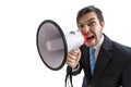 Young man is announcing a message and shouting to megaphone. Isolated on white background