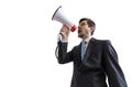 Young man is announcing a message and speaking to megaphone. Isolated on white background