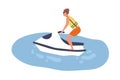 Young man on aquabike. Male character riding jetski. Scene of summer extreme recreation or jet skiing. Sportsman on Royalty Free Stock Photo