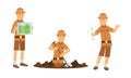 Young Man Archeologist Digging Soil with Shovel and Holding Bone Vector Illustration Set