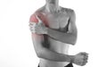 Young man arm and shoulder joint pain on white