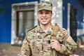 Young man army soldier smiling confident standing at street Royalty Free Stock Photo