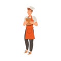 Young Man as Super Chef in Toque and Apron Standing with lipboard Vector Illustration