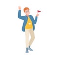 Young Man as Tour Guide with Hanging Name Badge Holding Red Flag Vector Illustration