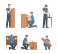 Young Man Assembling and Installing Wooden Furniture Vector Set