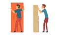 Young Man Assembling Wooden Wardrobe Engaged in Manual House Work Vector Set