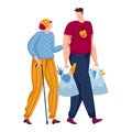 Young man assisting elderly woman with grocery bags. Caring support, intergenerational help. Family, kindness Royalty Free Stock Photo