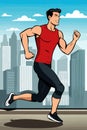 Young man athlete runs against the backdrop of the city. Running guy. Active